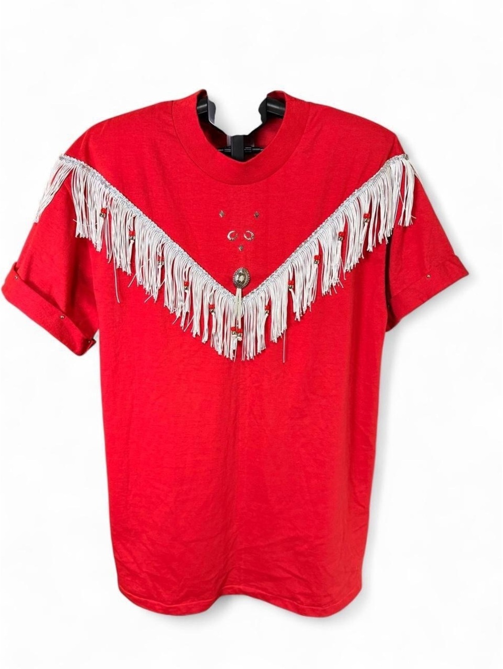 Vintage 90s Hazelwoods western fringe T-shirt XL red concho cowgirl USA